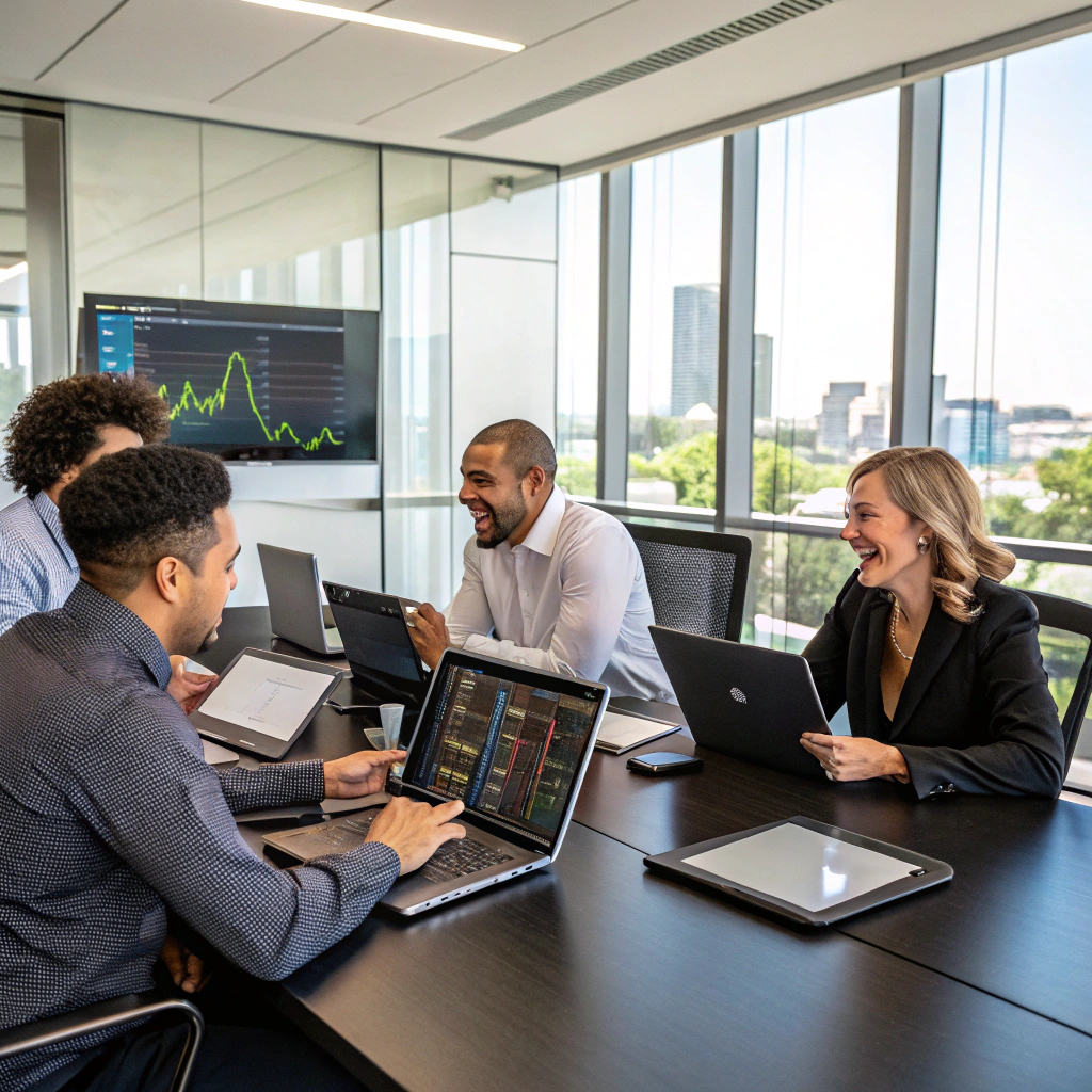 Global trading team collaborating on market analysis and strategy